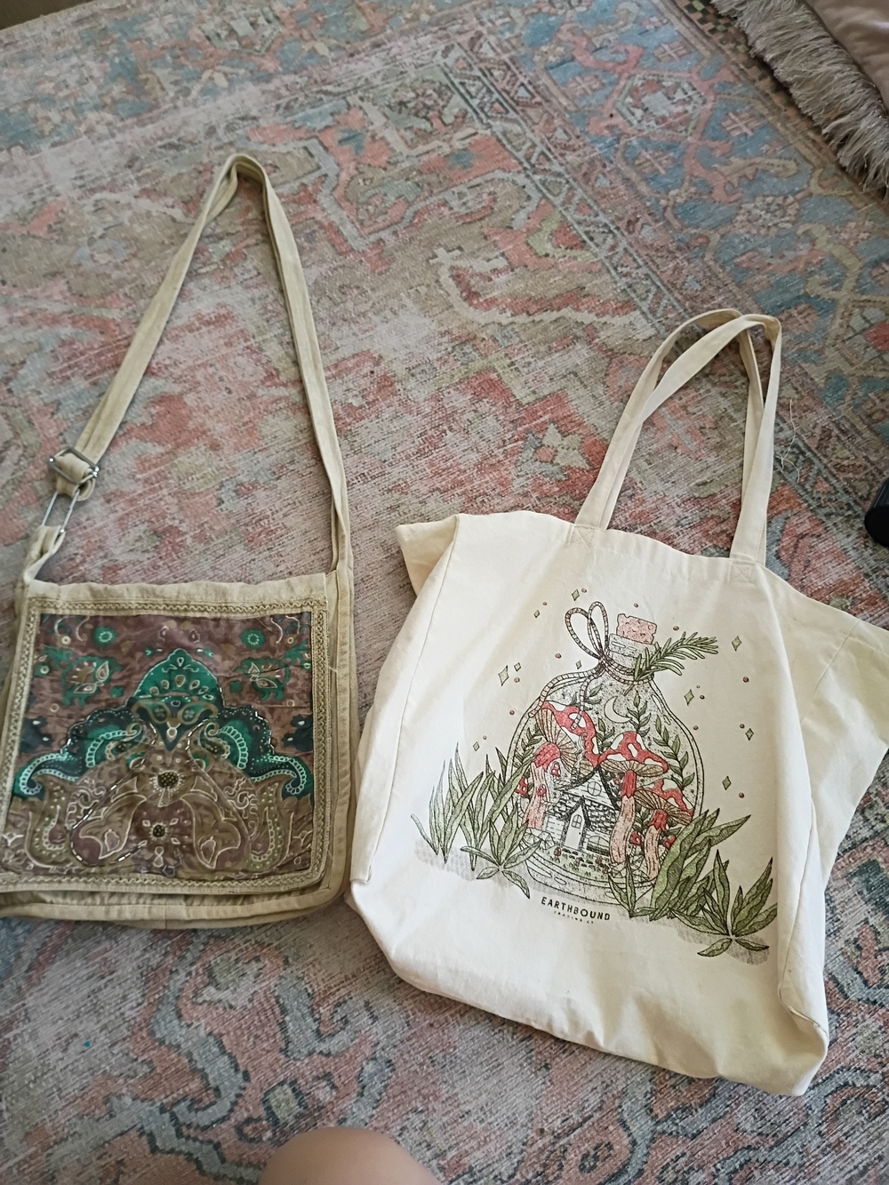 EARTHBOUND Cream Canvas Tote Bag with Botanical Mushroom Illustration